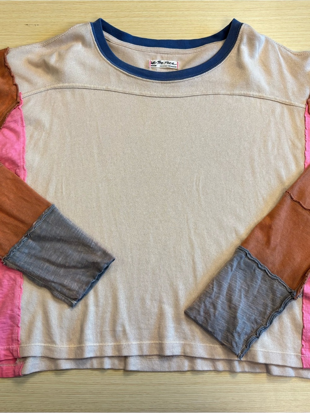 Free People We The Free Corey Color Block Pullover Long Sleeve Raw Edge Top Sz M